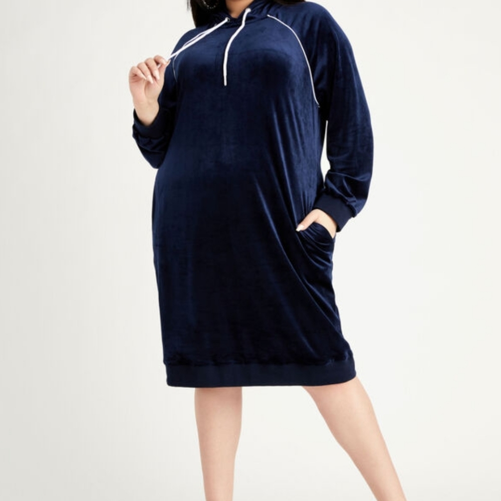 ASHLEY STEWART NEW 18/20 NAVY BLUE VELOUR HOODIE DRESS